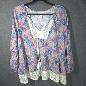 Matilda Jane Womens Floral Boho Tunic‎ Blouse Size Small Lace Hem Tassel Tie